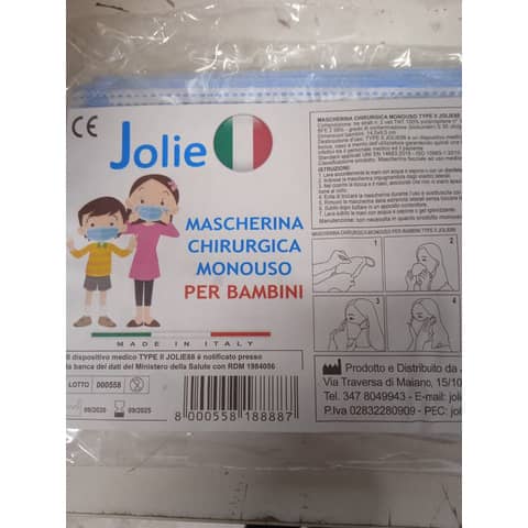 Mascherine chirurgiche monouso da bambino 3 veli azzurre tipo II - marchio CEE 93/42 - conf. 10 pezzi